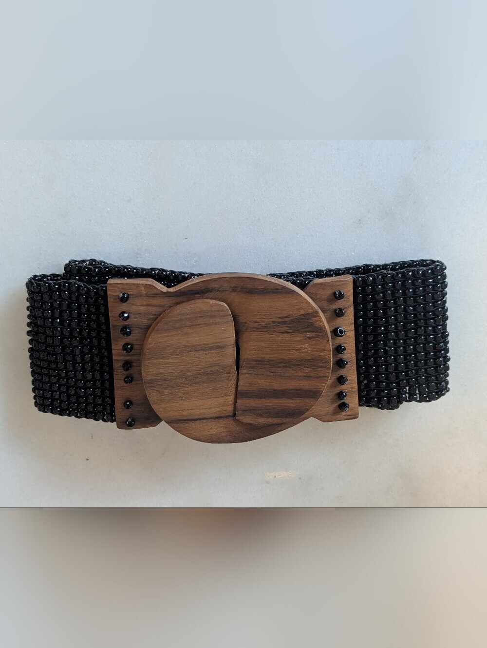 Vintage Black Stretch Beaded Belt with Wood Accents - Women